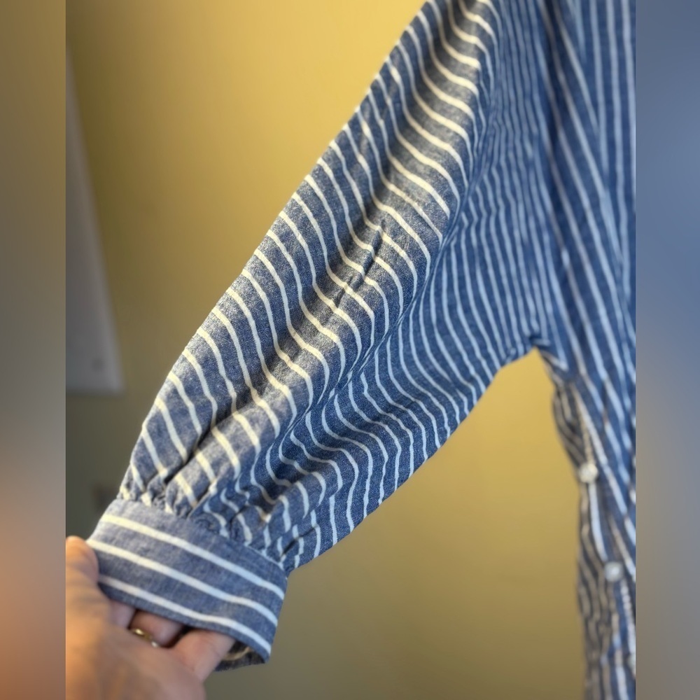 Zara TRF Blue and White Striped Shirt Tunic V neck Linen Size Large - Picture 4 of 5